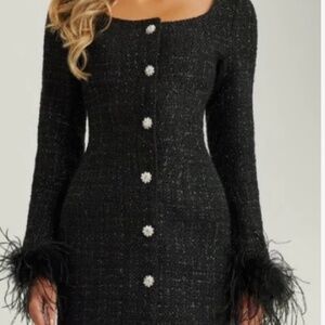 BLACK TWEED LONG SLEEVE FUR CUFF MINI DRESS